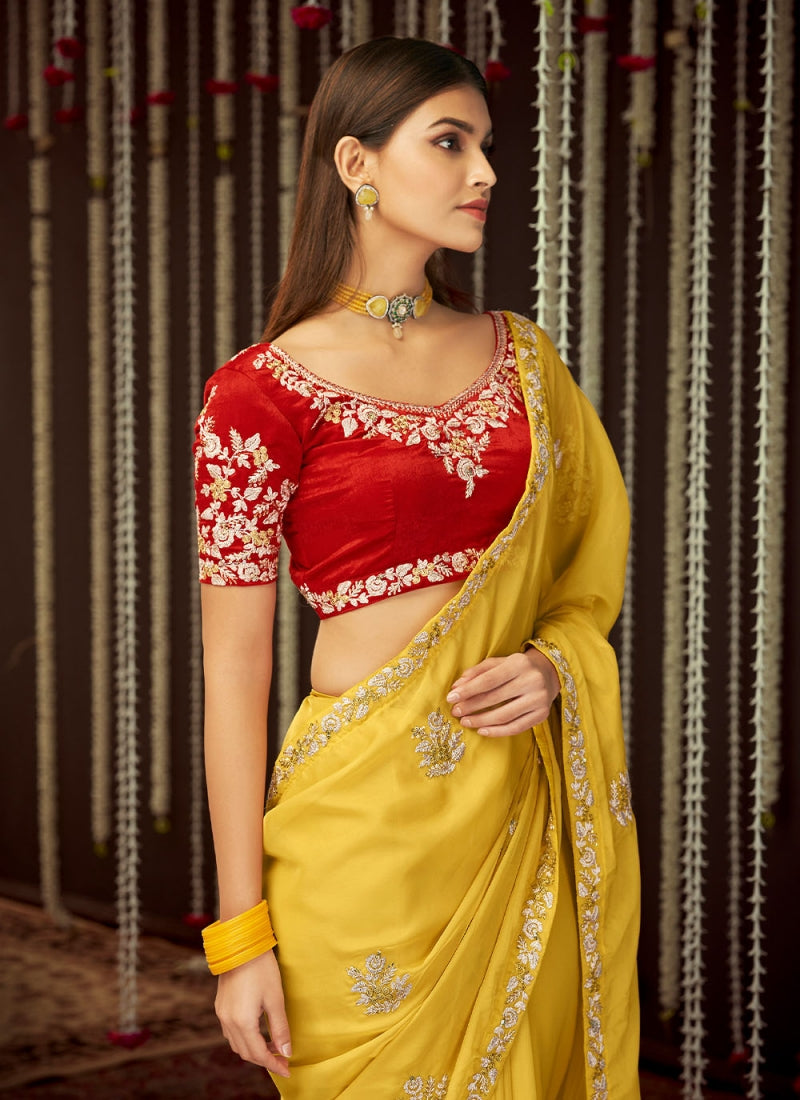 Organza Yellow Saree for Haldi Function Online – TAPEE