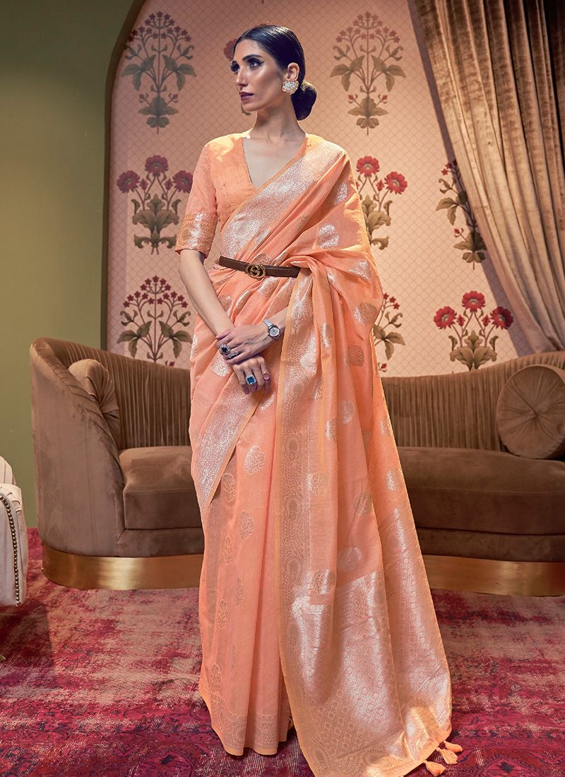 Exquisite Orange Woven Wedding Wear Saree Blouse Design – TAPEE