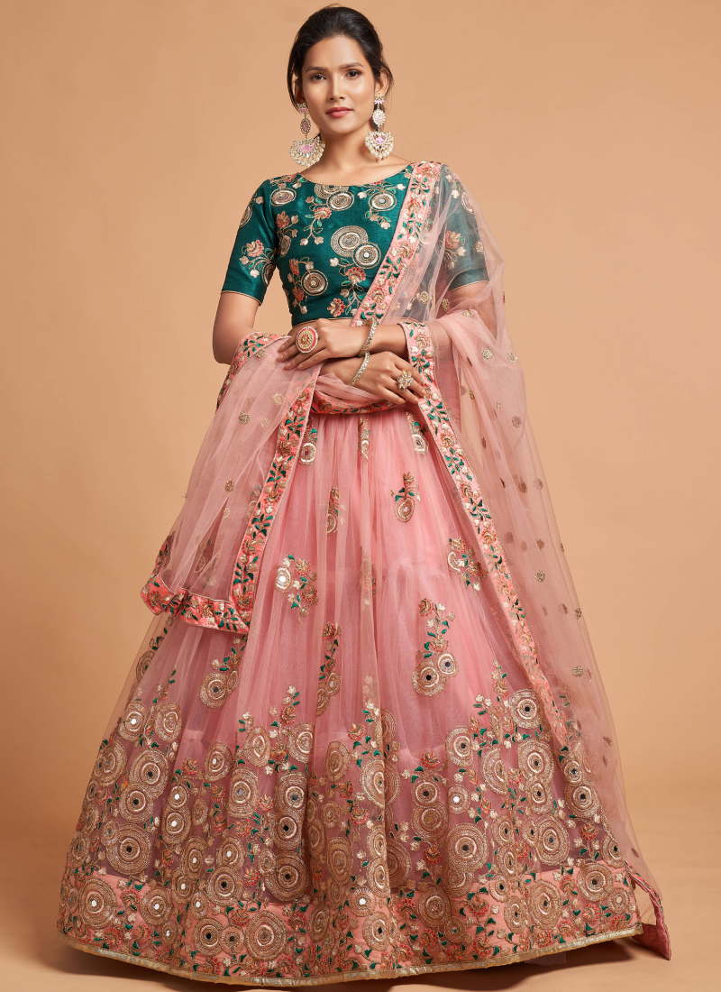 Peach Soft Net Thread With Real Mirror Work Lehenga Choli – TAPEE