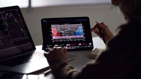 Close Up Of Female Share Trader At Desk With Stock Price Data Displayed On Laptop And Digital Tablet