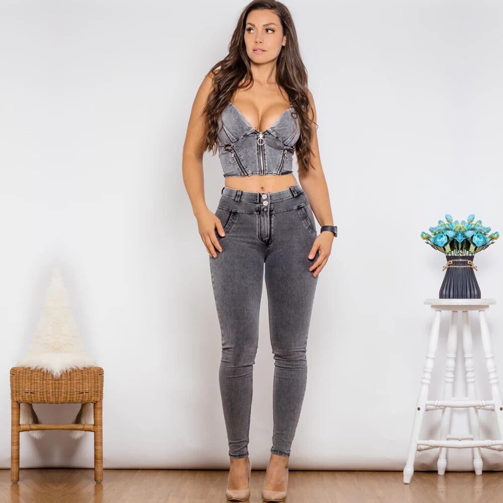 Shascullfites Shaper Suit Grey Denim Zipper Shaper Push Up Top Middle Waist Skinny Jeans Sets of Women 2 Pieces Elegant