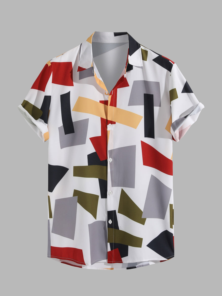 CRERI Geometric Color Block Print Button Up Shirt