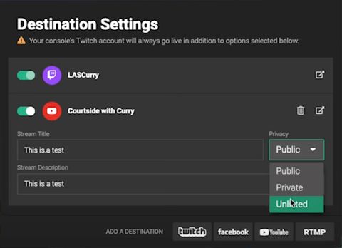 YouTube added to destination settings on Lightstream