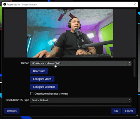 EMEET Camera Preview in OBS Studio