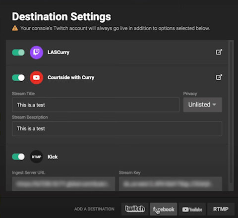 Adding Kick to destination settings on Lightstream