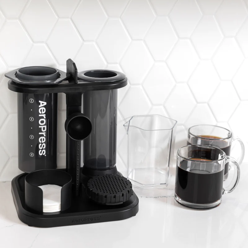 AeroPress XL coffee maker in AeroPress Organizer Stand on kitchen counter