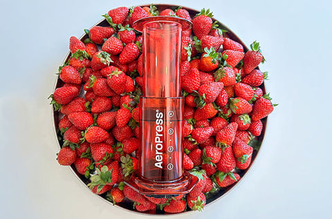 AeroPress Clear Red on top of strawberries