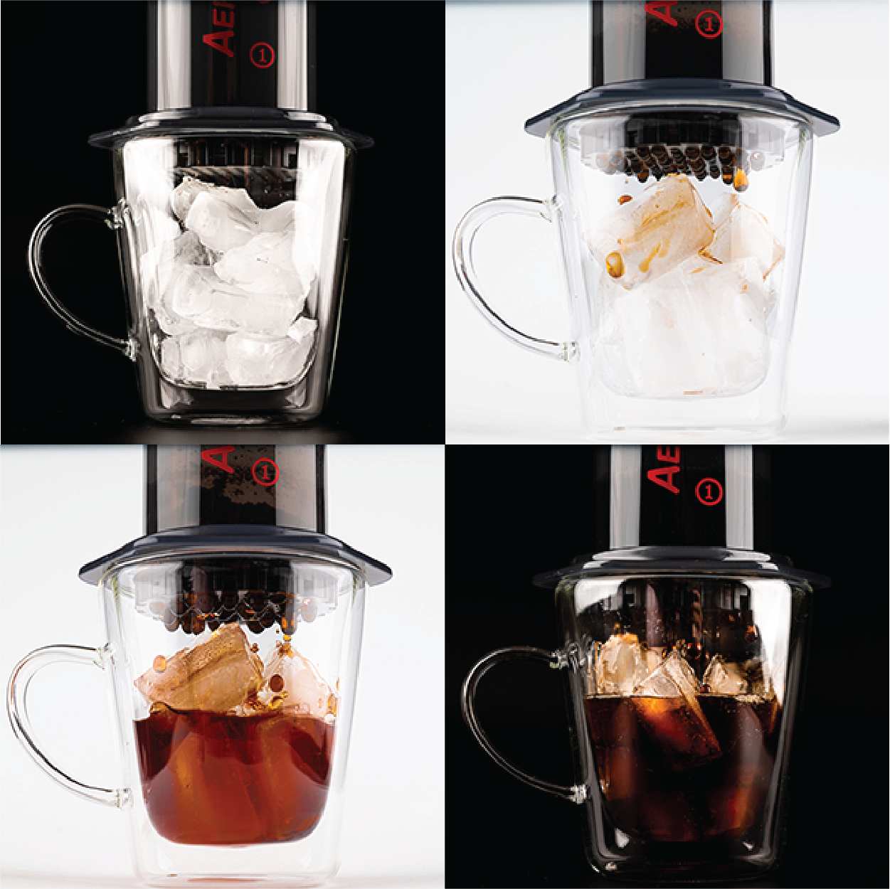 Four images showing progressive brewing of flash brew over ice