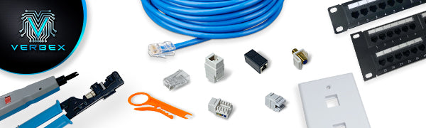 Verbex Cables shop verbex banner showing keystone jack patch panel low voltage cabling cat6 cat5e and cat5 cables. Wall plate and HDMI keystone jacks. Coupler jacks and easy termination tool for keystone jack