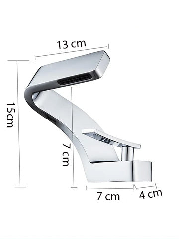 Product dimensions of single hole contemporary curved faucet shown in brushed nickel finish
