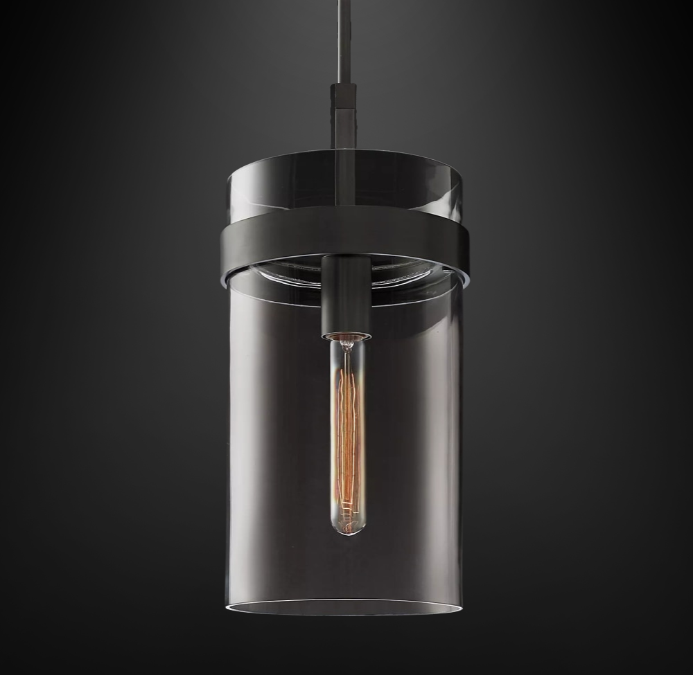 modern cylindrical Glass Pendant with matte black hardware