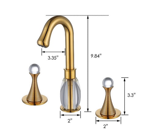 Dimensions of 8-inch widespread bathroom faucet, with gold finish and clear resin details