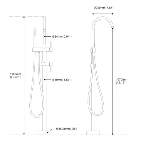 Dimensions of Floor Mounted Free Standing Tub Filler