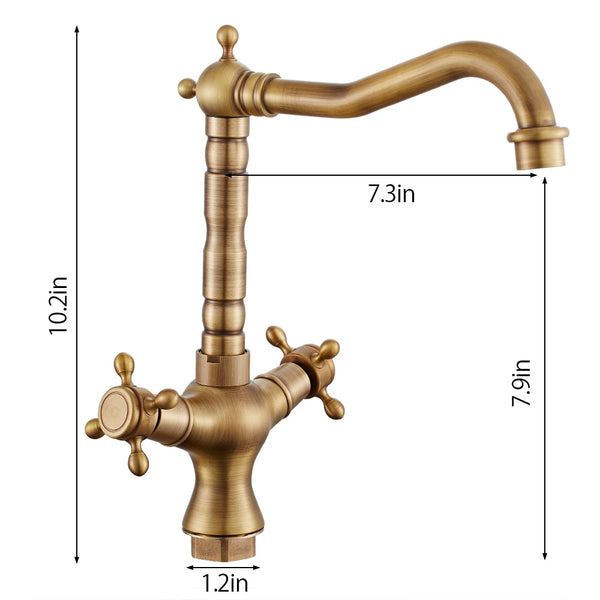 Antique Brass Kitchen Faucet with cross handles, One hole, two handle, antique brass finish