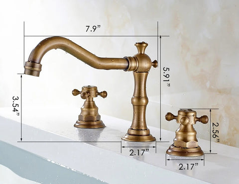 dimensions of vintage style bathroom faucet with cross handles, widespread, 3 hole, deck mounted bathroom faucet