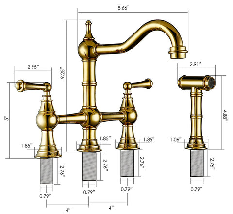 Vintage Style Bridge Kitchen Faucet with side sprayer shown in gold finish