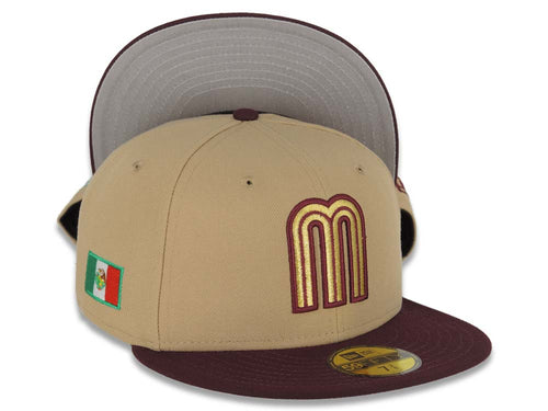 Mexico New Era 59FIFTY 5950 Fitted Cap Hat Tan Crown Navy Blue Visor Red/Navy/Metallic Gold Logo Red UV 6 7/8