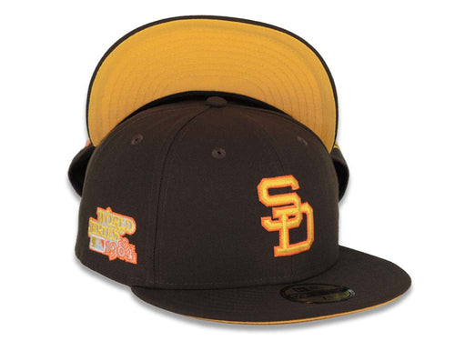 San Diego Padres New Era MLB 59FIFTY 5950 Fitted Cap Hat Brown Crown/Visor Yellow/Orange Cooperstown Logo 1984 World Series Side Patch Green UV 7 1/2