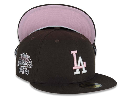 Los Angeles Dodgers New Era MLB 59FIFTY 5950 Fitted Cap Hat Black Crown/Visor White Logo with Pink Rose 60th Anniversary Side Patch Pink UV 7 1/8