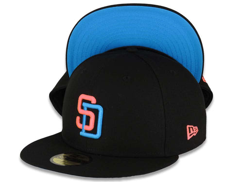 (City Connect Color) San Diego Padres New Era MLB 59FIFTY 5950 Fitted Cap  Hat Teal Crown/Visor Magenta/Yellow Swinging Friar Logo Stadium Side Patch