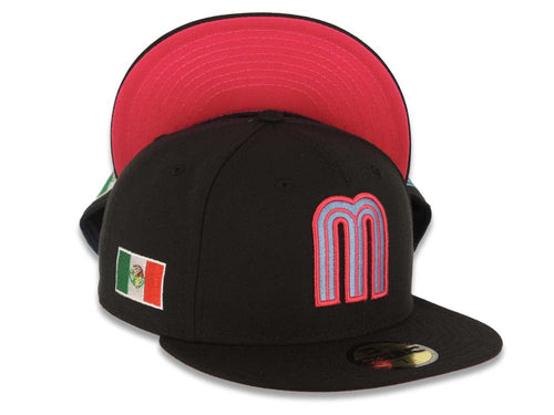 (Youth) Mexico New Era 59FIFTY 5950 Fitted Cap Hat Sky Blue Crown Magenta Visor White/Magenta Logo Mexico Flag Sid Patch Gray UV 6 1/2