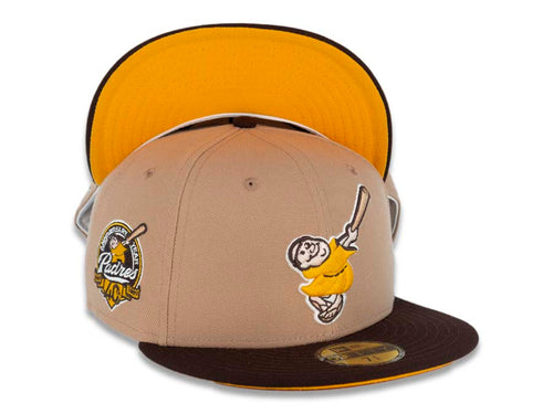 San Diego Padres New Era MLB 59FIFTY 5950 Fitted Cap Hat Yellow Crown Dark Brown Visor Dark Brown Catching Friar Logo 40th Anniversary Side Patch 7 1/