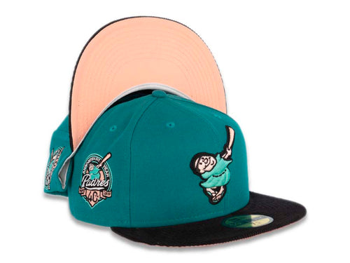 (City Connect Colors) San Diego Padres New Era MLB 59FIFTY 5950 Fitted Cap Hat White Crown Teal Visor Teal/Magenta/Yellow 40th Anniversary Side Patch