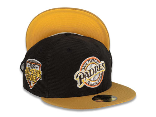 (City Connect Colors) San Diego Padres New Era MLB 59FIFTY 5950 Fitted Cap Hat Teal Crown/Visor Magenta/Yellow/White Script Logo Stadium Side Patch