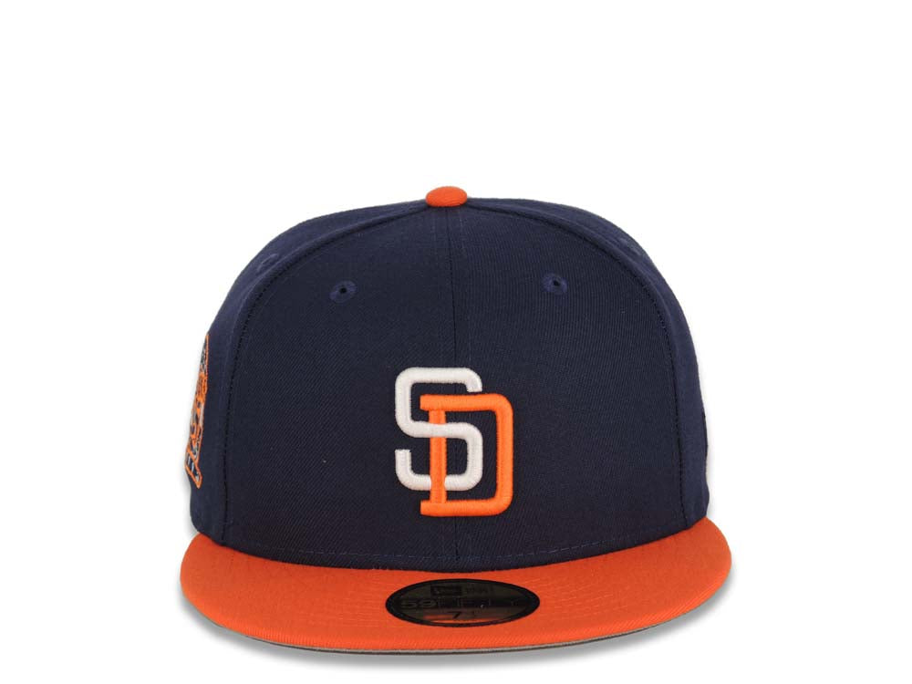 San Diego Padres New Era MLB 59FIFTY 5950 Fitted Cap Hat White/Navy Pinstripe Crown Navy Visor Navy/Orange Logo 25th Anniversary Side Patch Gray UV 7