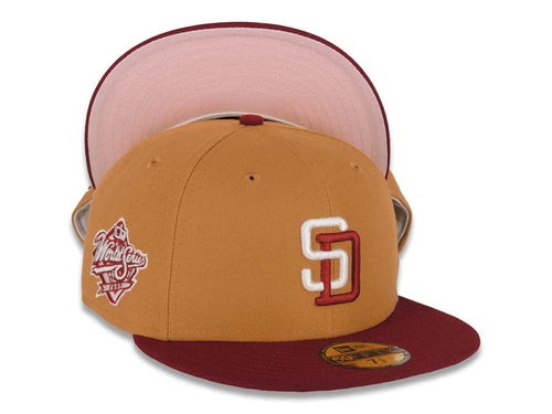 San Diego Padres New Era MLB 59FIFTY 5950 Fitted Cap Hat Khaki Crown/Visor  White/Pink Logo 1998 World Series Side Patch Pink UV