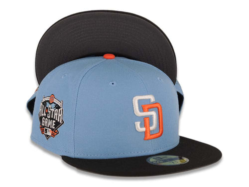 San Diego Padres New Era MLB 59FIFTY 5950 Fitted Cap Hat Peach Crown Black Visor Black/Peach Friar Logo 1978 All-Star Game Side Patch Pink UV 7 1/2