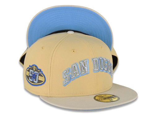 San Diego Padres New Era MLB 59FIFTY 5950 Fitted Cap Hat Cream Crown Light Brown Visor Brown/Pink Catching Friar Logo 40th Anniversary Side Patch 7 7/