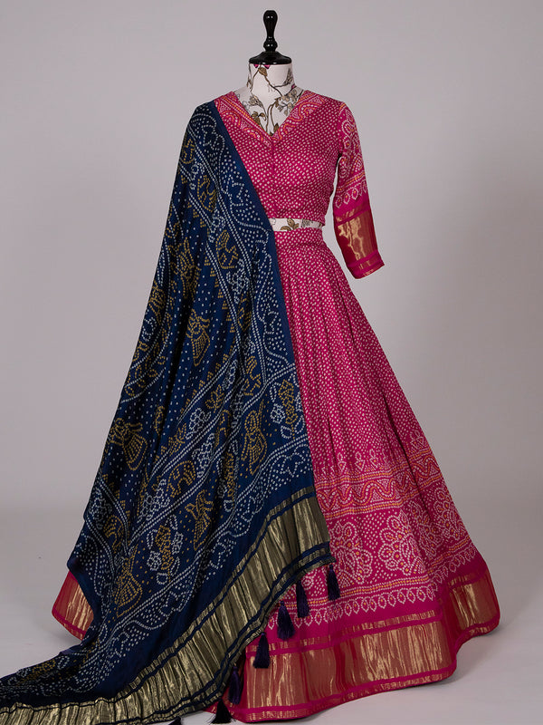 Navratri Chaniya Choli in Pink Tussar Silk With Leriya Print and