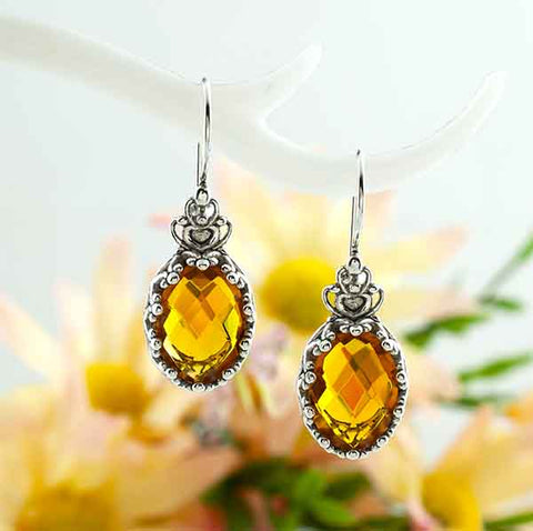 November birthstone Citrine Gemstone Woman silver Drop Earrings