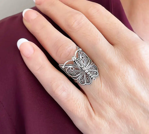 925 sterling silver handmade filigree art butterfly design woman cocktail ring