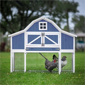 A blue Gambrel Roof Chicken coop with two chickens in it.