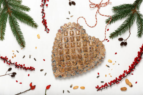 A heart shaped suet cake for chickens is shown with Christmas decoration. 