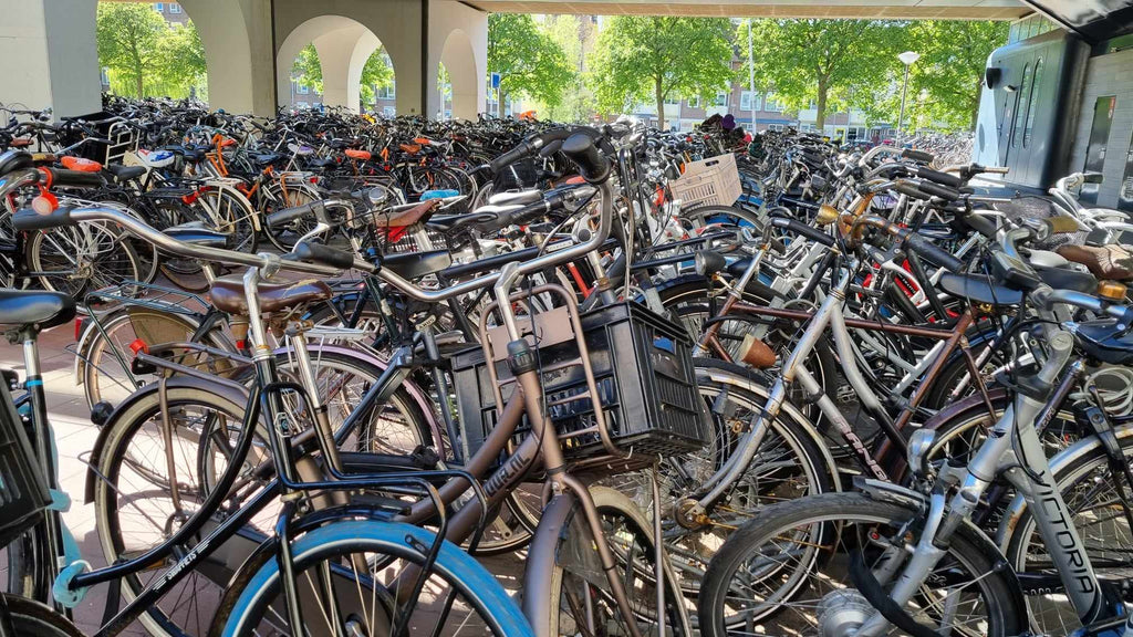 hundreds of bikes locked together