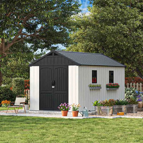 patiowell kick-it 8x12 plastic storage shed standing in backyard