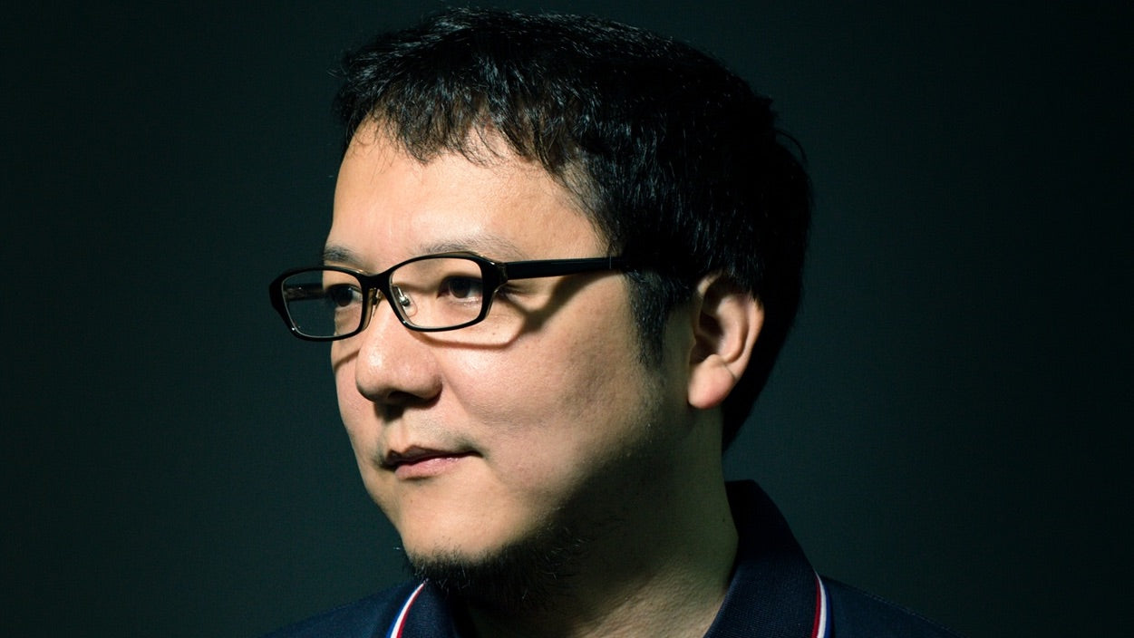 Miyazaki Hidetaka side portrait in a dark background