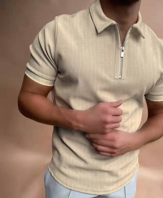 Short Sleeve Striped Polo Shirt With Lapel Zipper Design