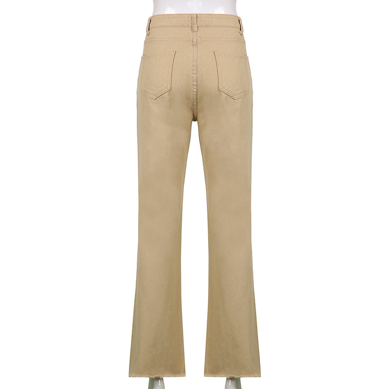 Khaki Casual High Waist Jeans Pocket Elegant Straight