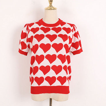 Red Color Love Short Sleeve Knitwear New Round Neck