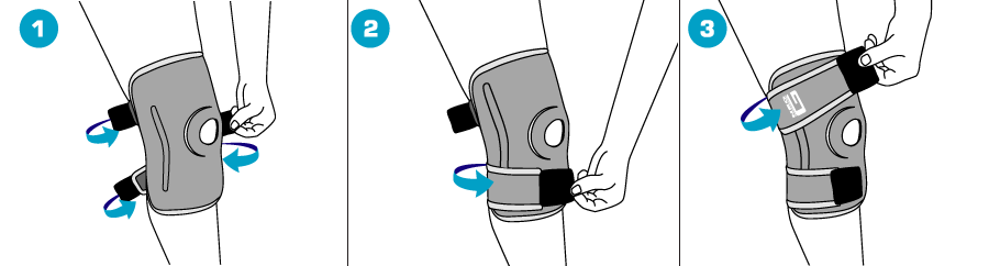 Position patella opening over centre of Kneecap. Wrap middle strap behind knee and secure fastening. Fasten bottom and top straps, adjust until firm but comfortable.