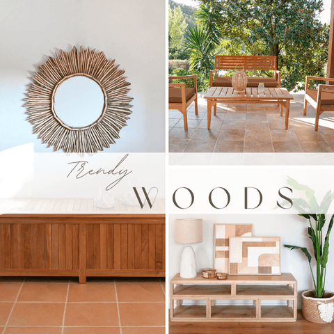 Salon de jardin en bois, coffre en bois naturel et meuble tv en bois clair