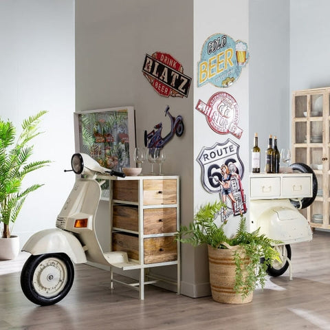 Atypical console furniture in the shape of a scooter