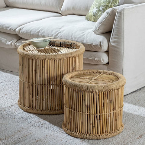 Rope and woven rattan side tables