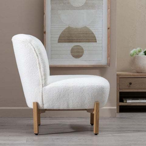 Nordic Armchair in White Bouclette Fabric and Wood