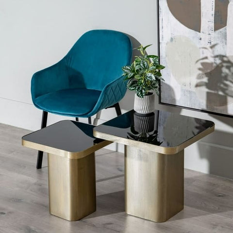 Side tables in gray metal and black glass