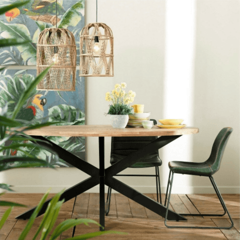 Round wood and metal dining table